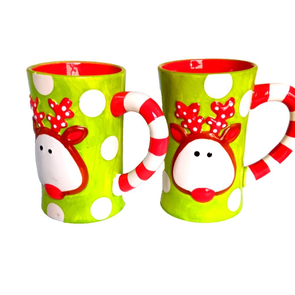 2 Mugs Rudolph Red Nose Reindeer Tall CHRISTMAS CUPS, 6 inches